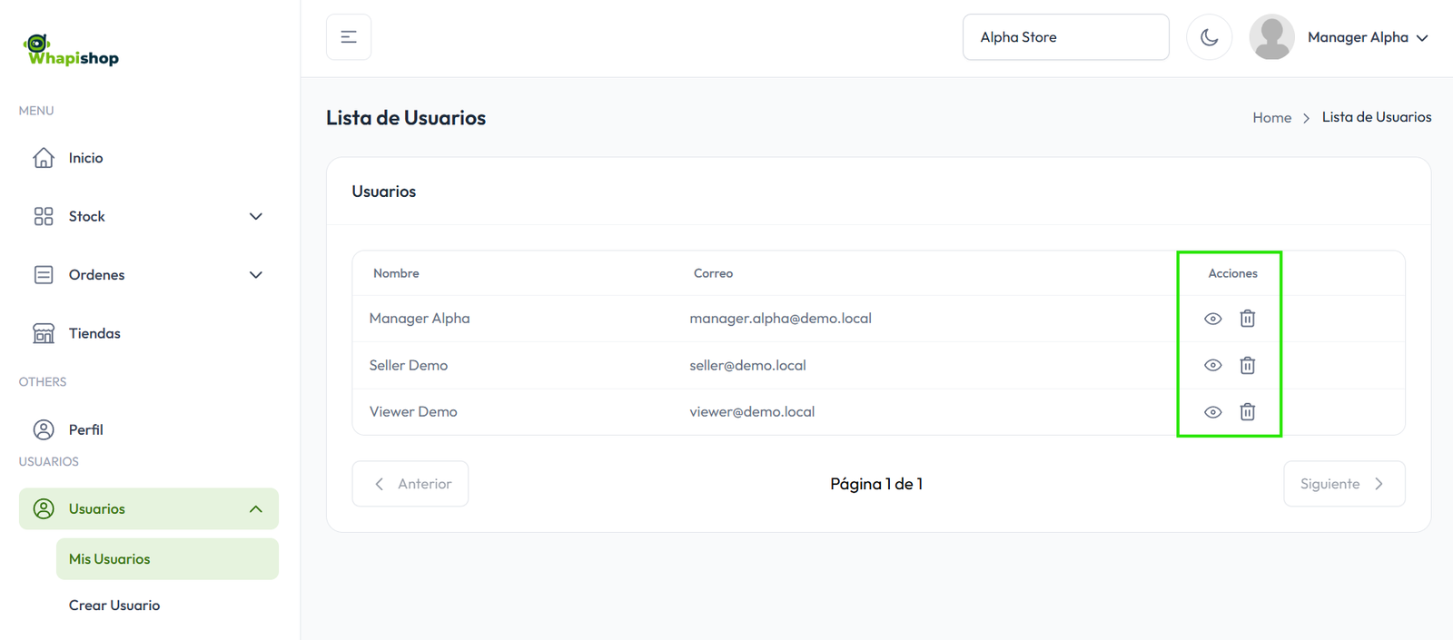 Lista de acciones de usuarios