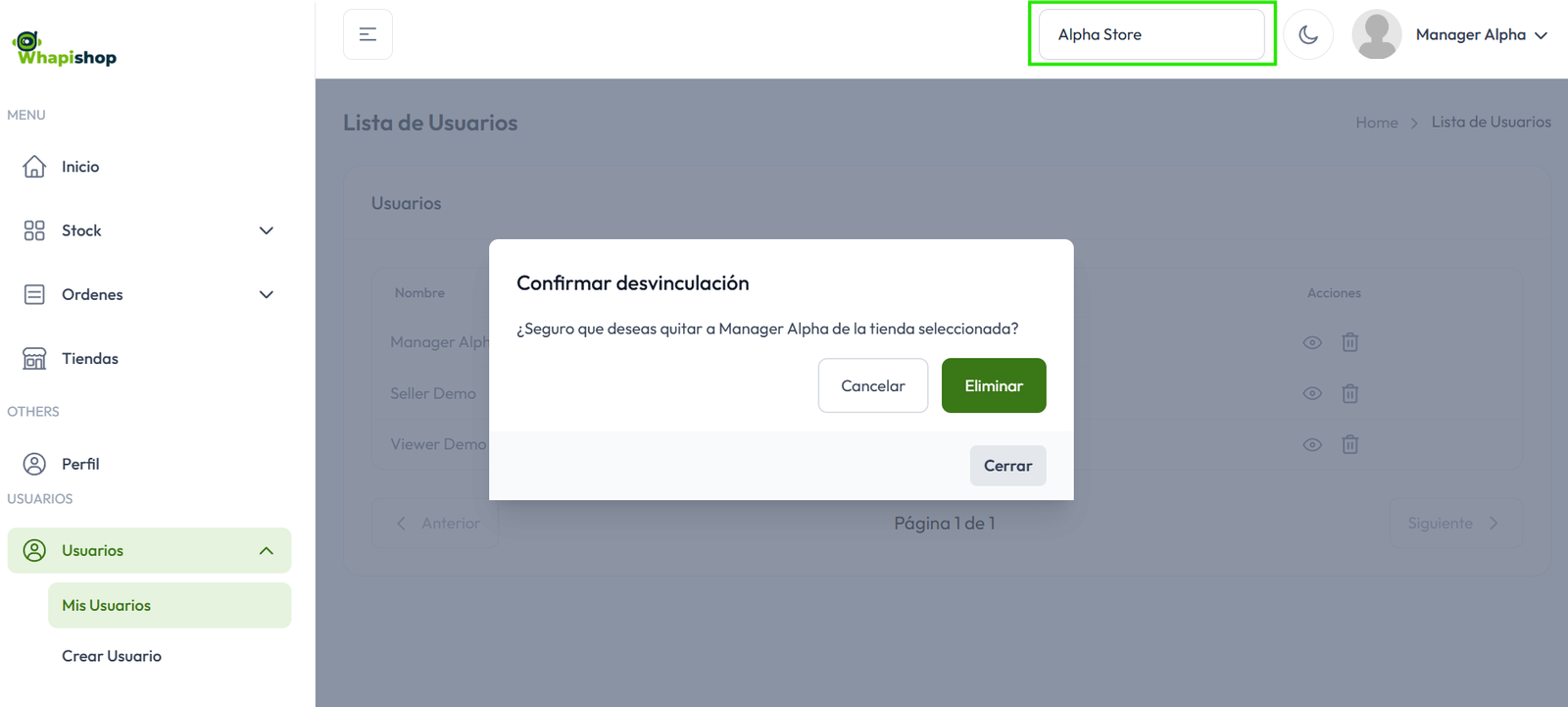 desvincular un usuario de una tienda