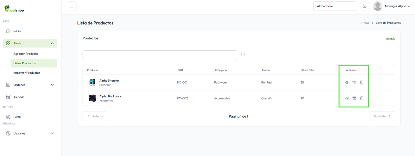 Acciones del producto