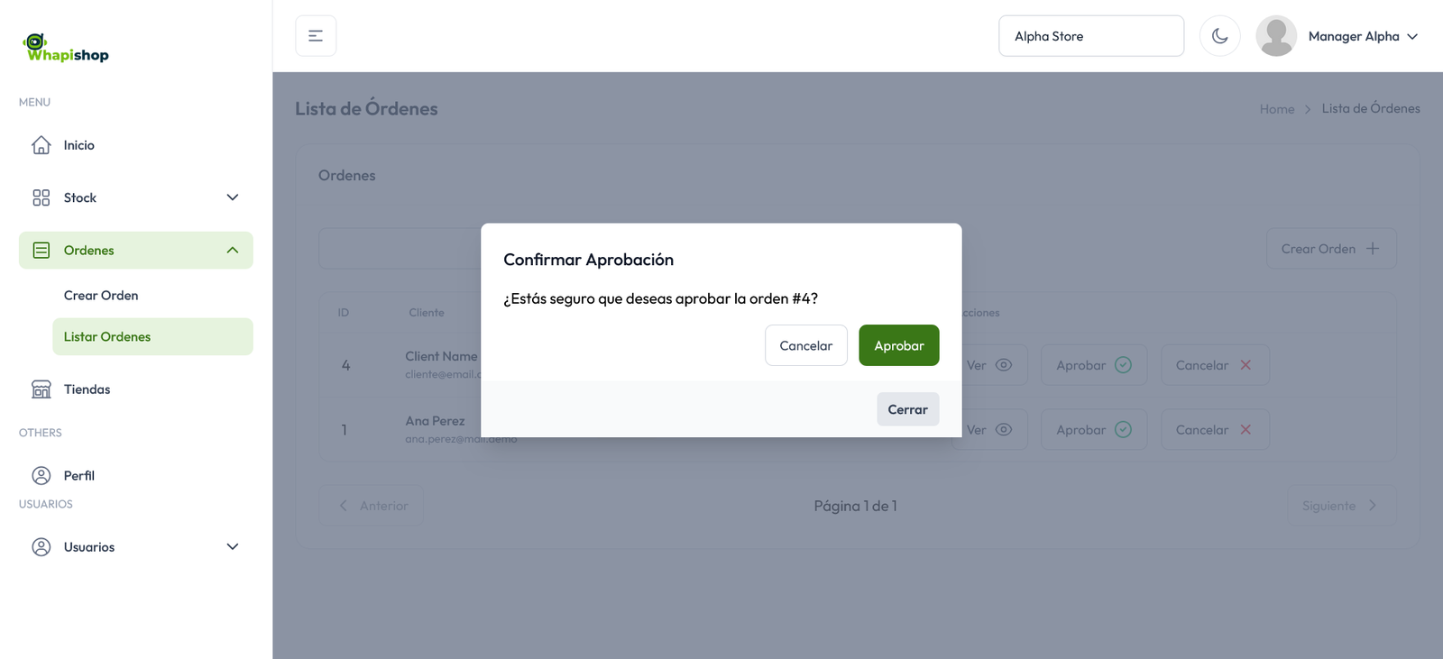 Cambiar estado de orden