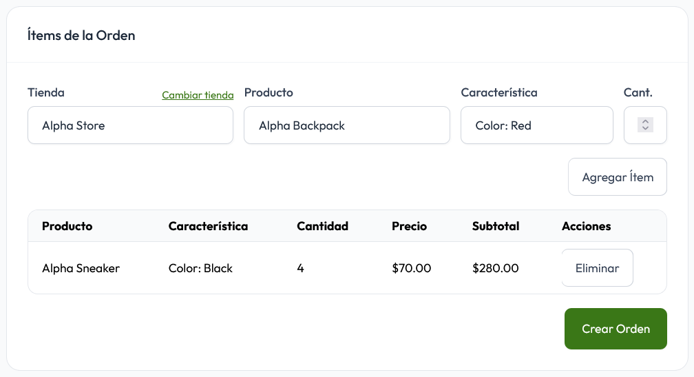 Agregar productos a la orden