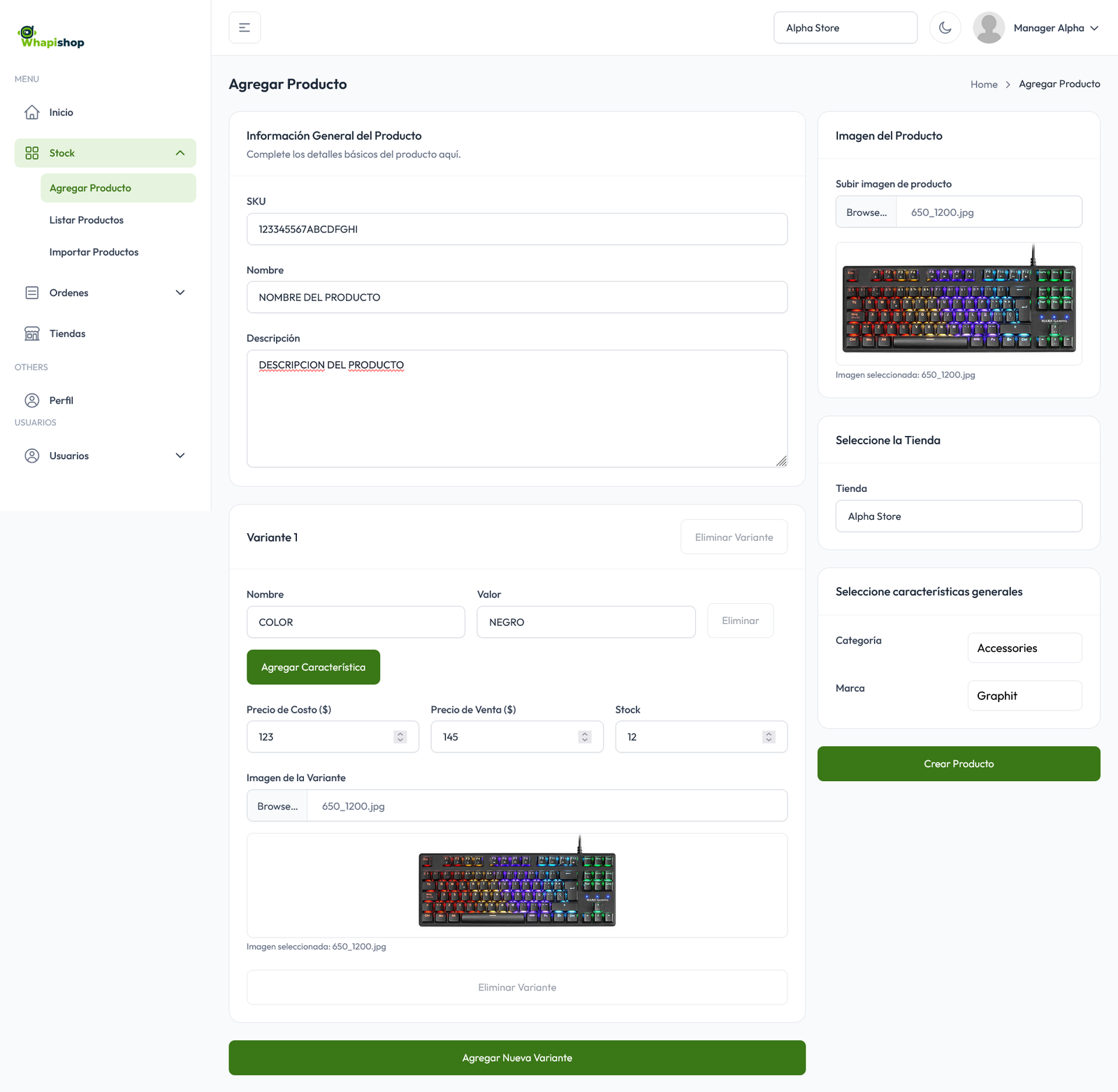 Formulario de producto