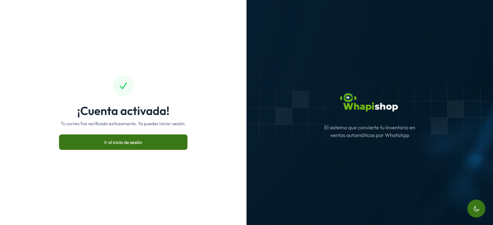 Pantalla de verificación exitosa
